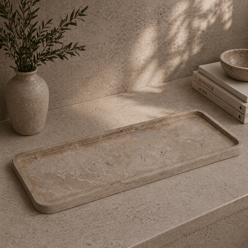Stone tray styled in a neutral interior